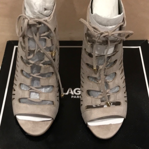 🆕️ Karl Lagerfeld Berry Cutout Open Toe Taupe Suede Booties size 5 - Picture 11 of 12